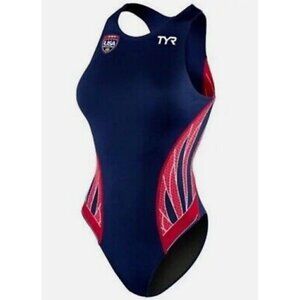 New TYR Phoenix USA Logo Swimsuit Womens 38F Destroyer Water Polo Suit Navy Red